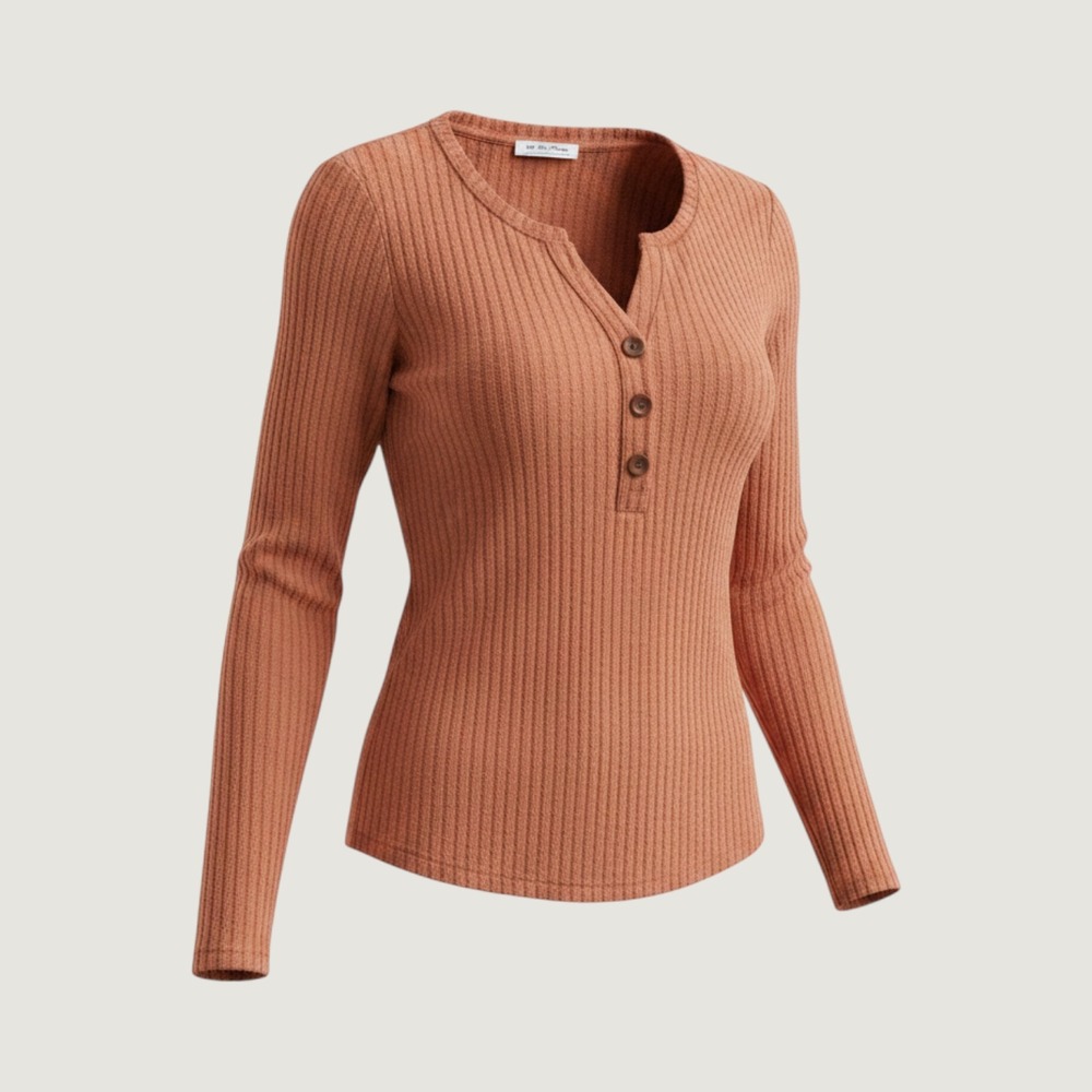We The Free Free People Henley Top Ribbed Knit Long Sleeve Rust Orange Large